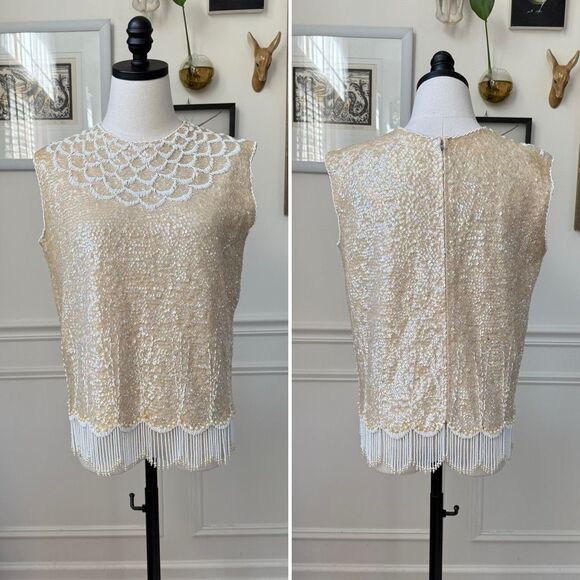 Vintage 60s Sleeveless sweater Shell BeadedSequins Fringe Beige White M - Picture 1 of 8